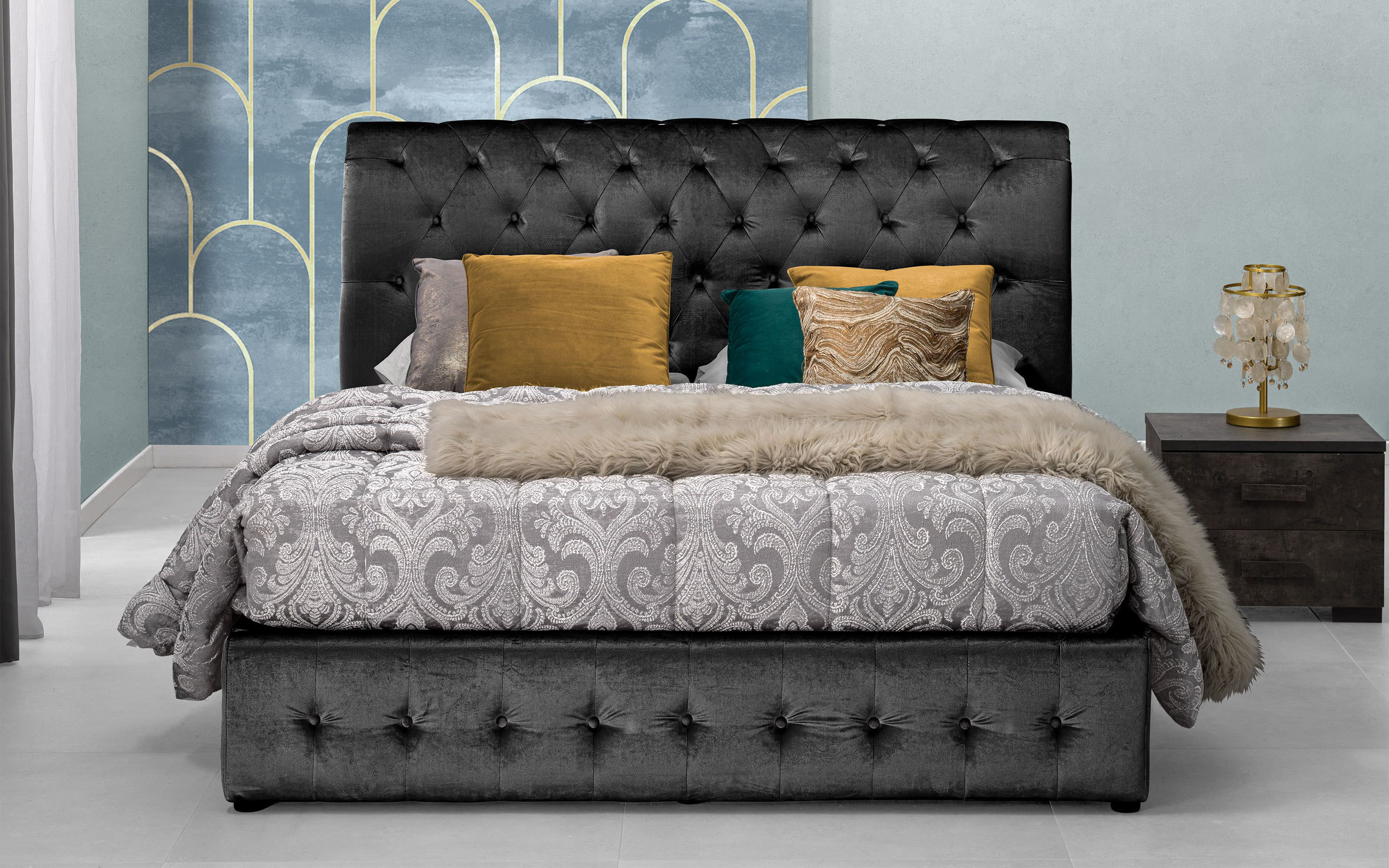 Letto contenitore matrimoniale Effetto velluto grigio scuro