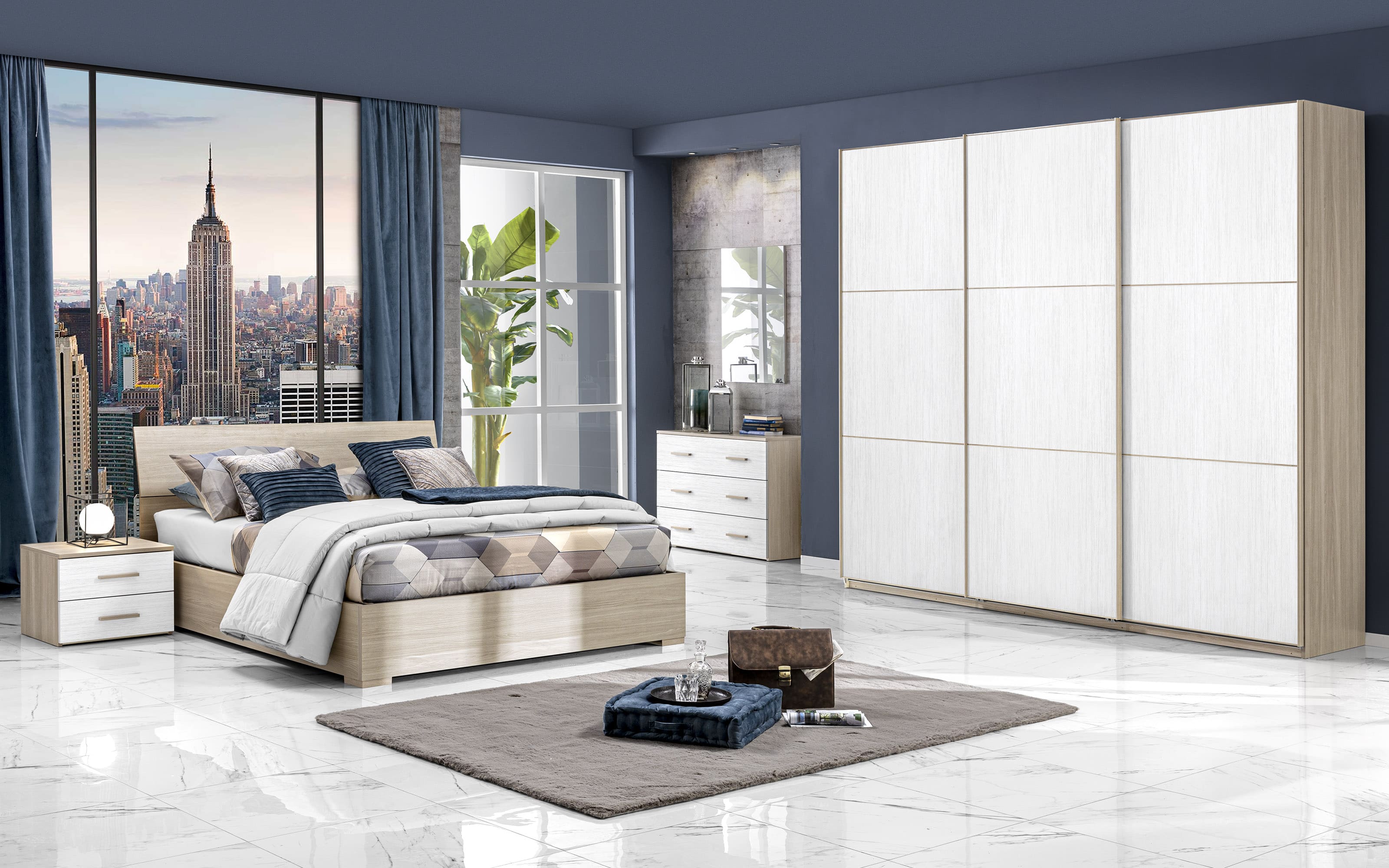 Camera ante scorrevoli con letto contenitore effetto olmo perla