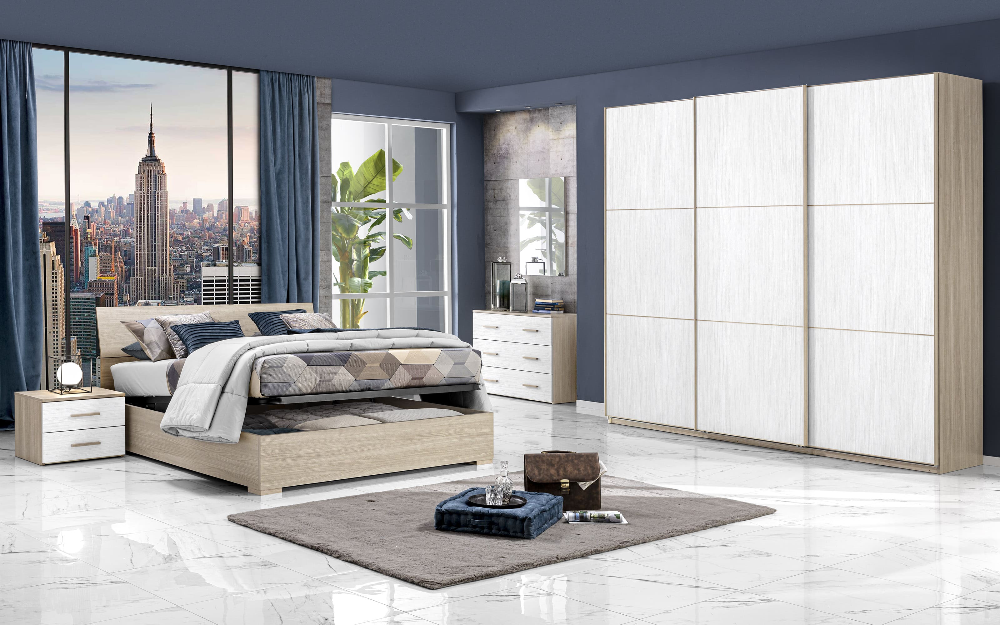 Camera ante scorrevoli con letto contenitore effetto olmo perla