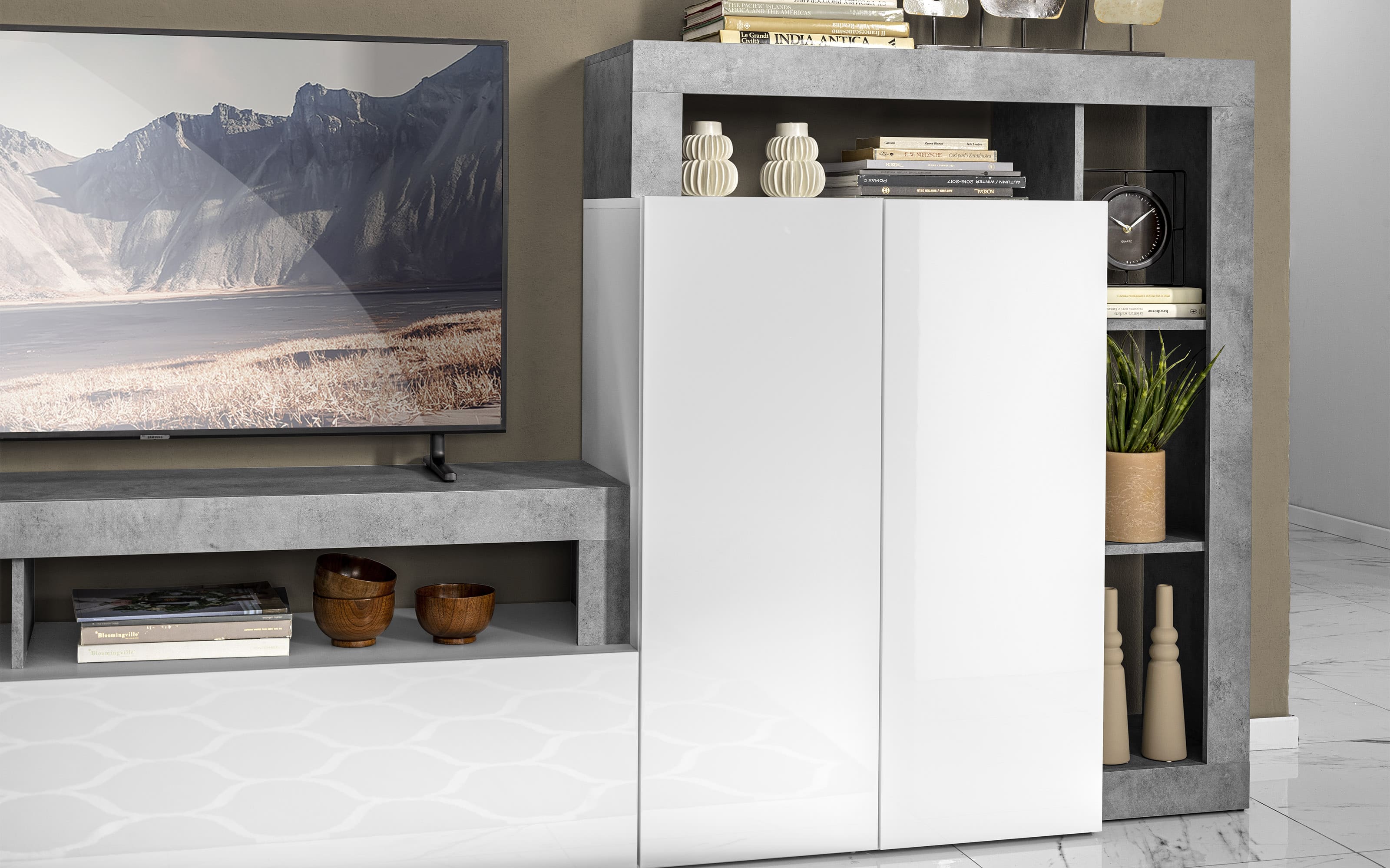 Soggiorno bianco lucido, cemento: Amburgo Mondo Convenienza