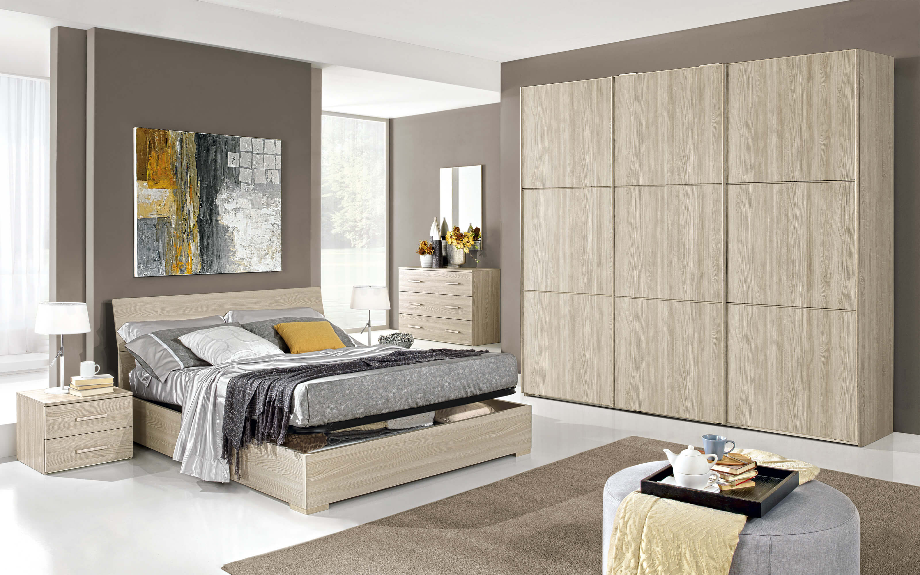 Camera ante scorrevoli con letto contenitore effetto olmo perla