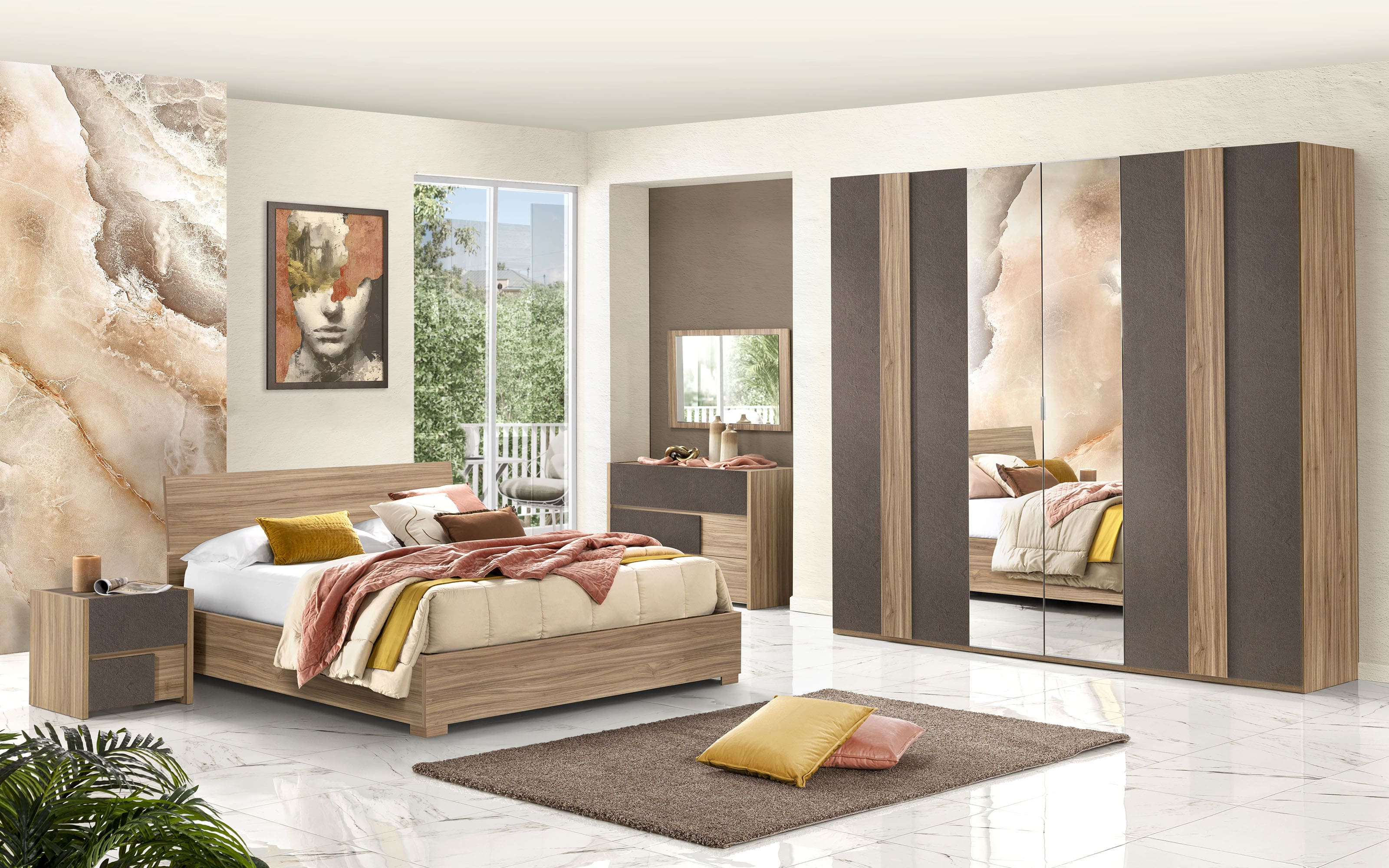 Camera ante battenti con specchio centrale con letto contenitore