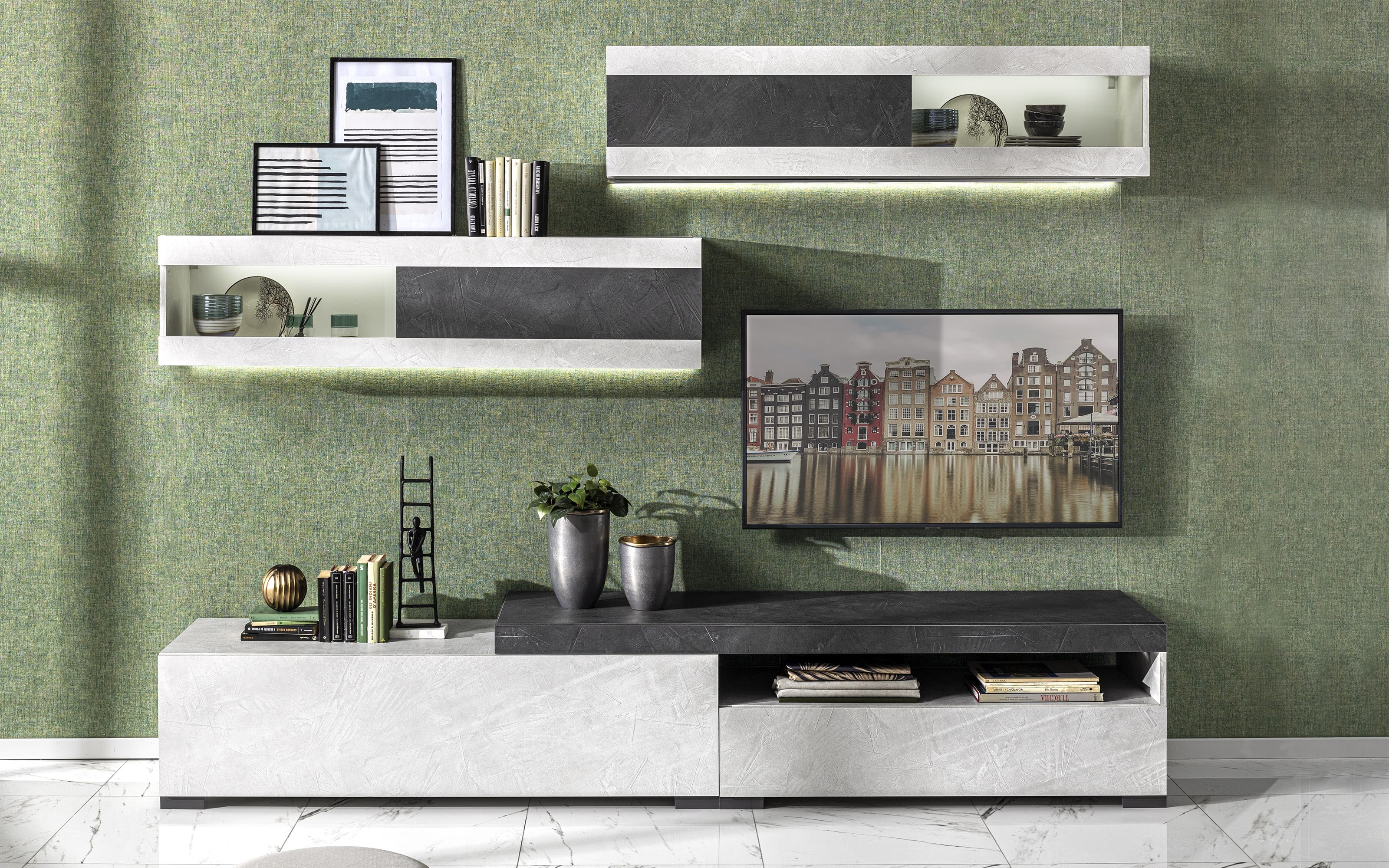 Soggiorno stucco veneziano bianco, stucco veneziano piombo