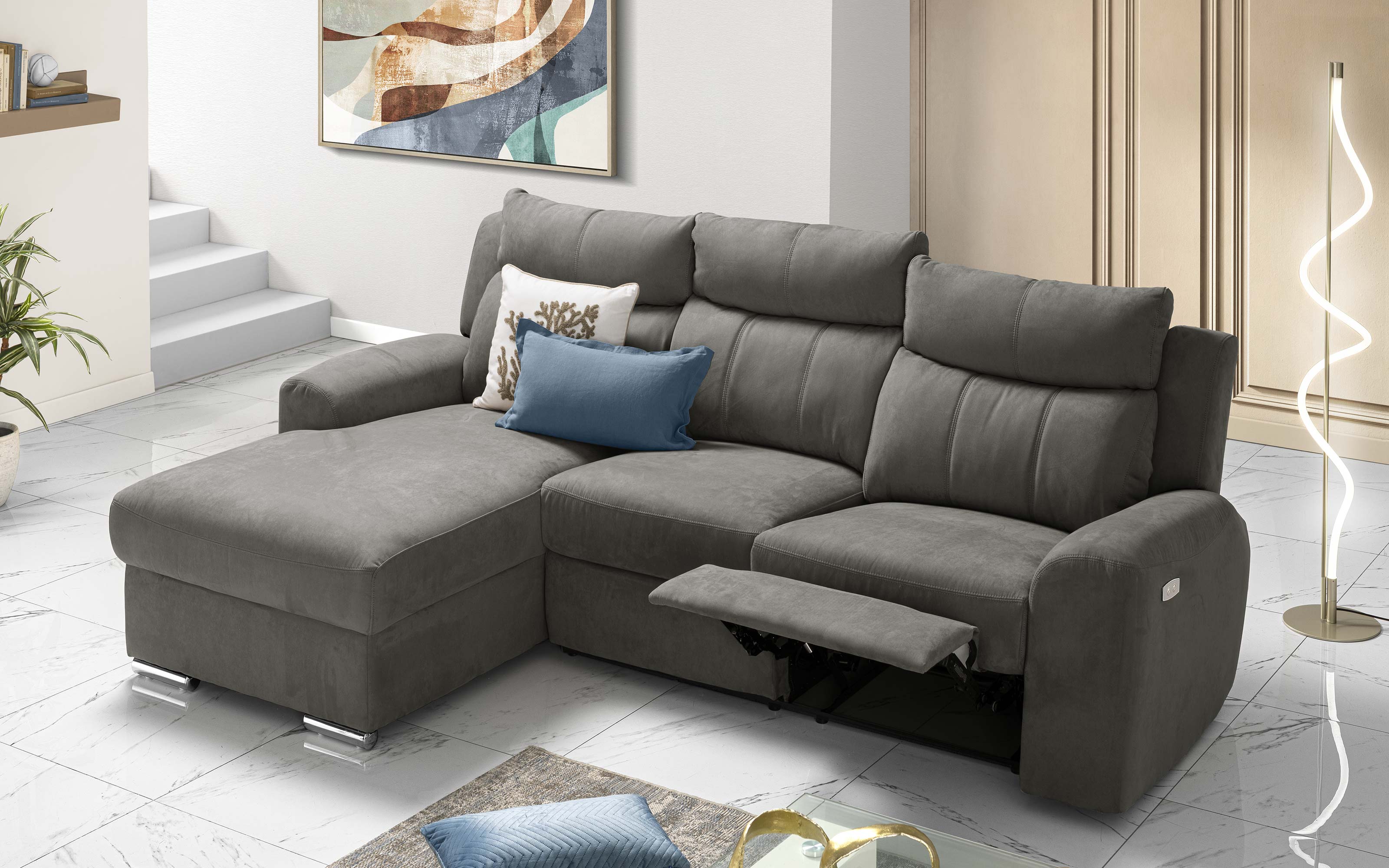 Divano angolare con penisola sinistra - recliner elettrico tessuto loto grigio scuro: Positano