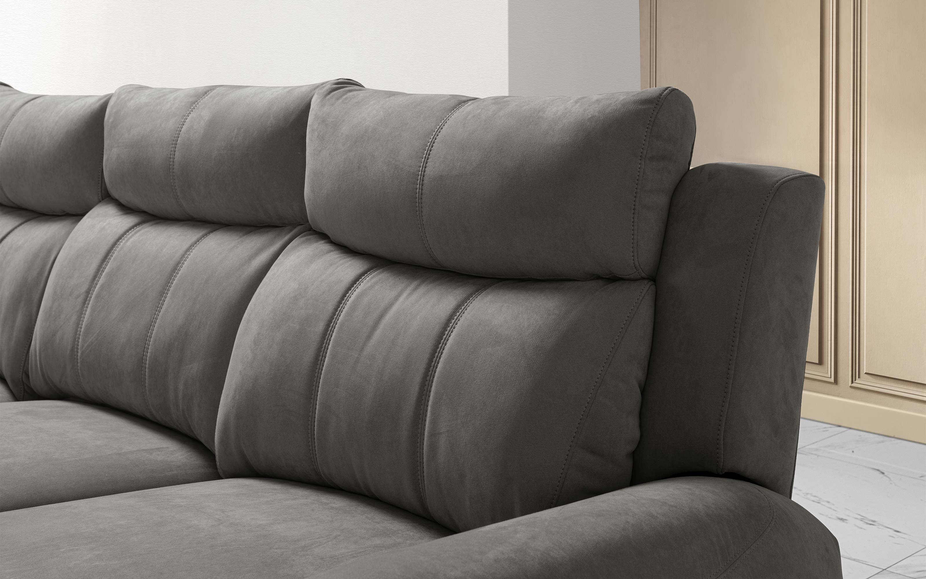Divano angolare con penisola sinistra - recliner elettrico tessuto loto grigio scuro: Positano