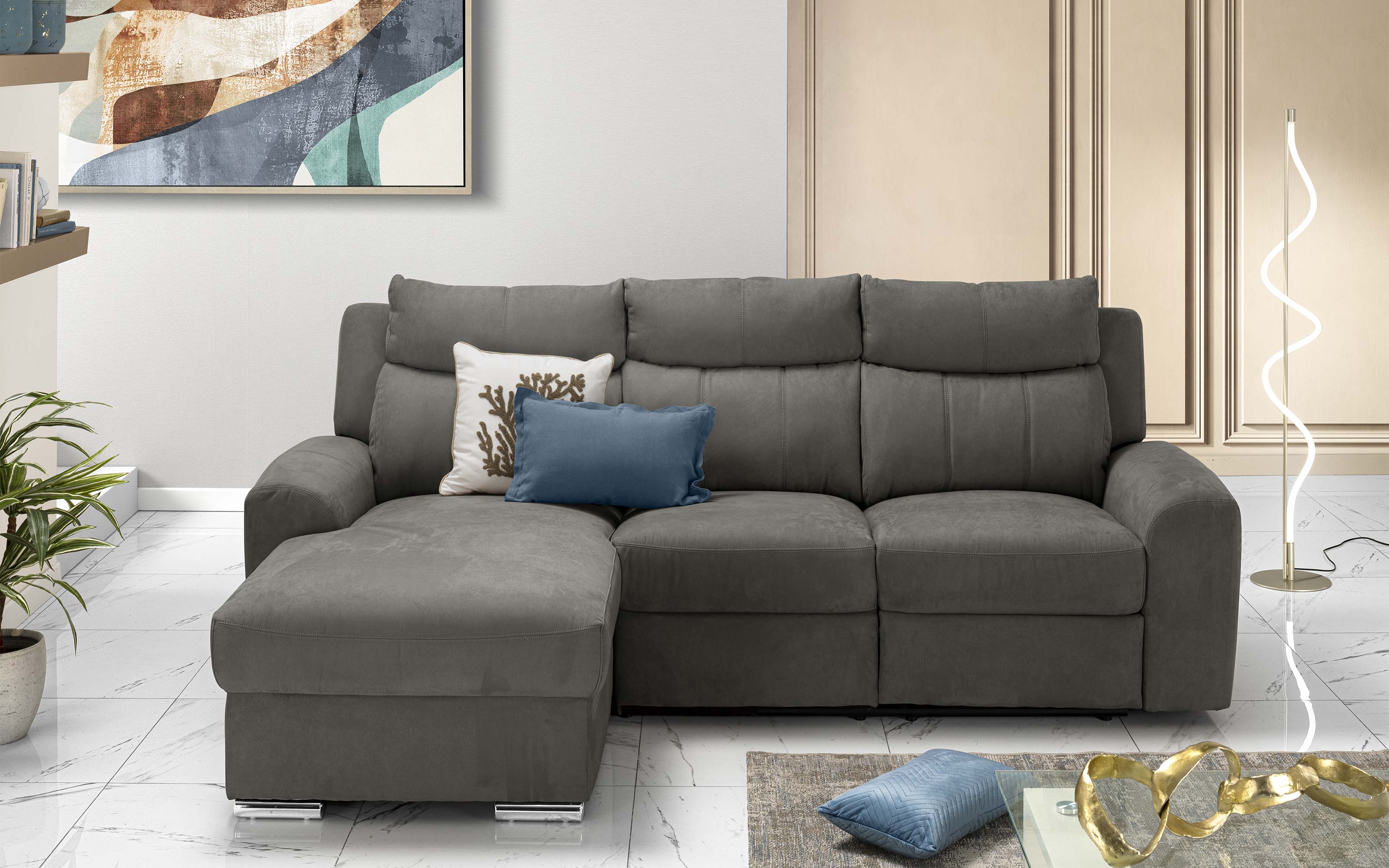 Divano angolare con penisola sinistra - recliner elettrico tessuto loto grigio scuro: Positano