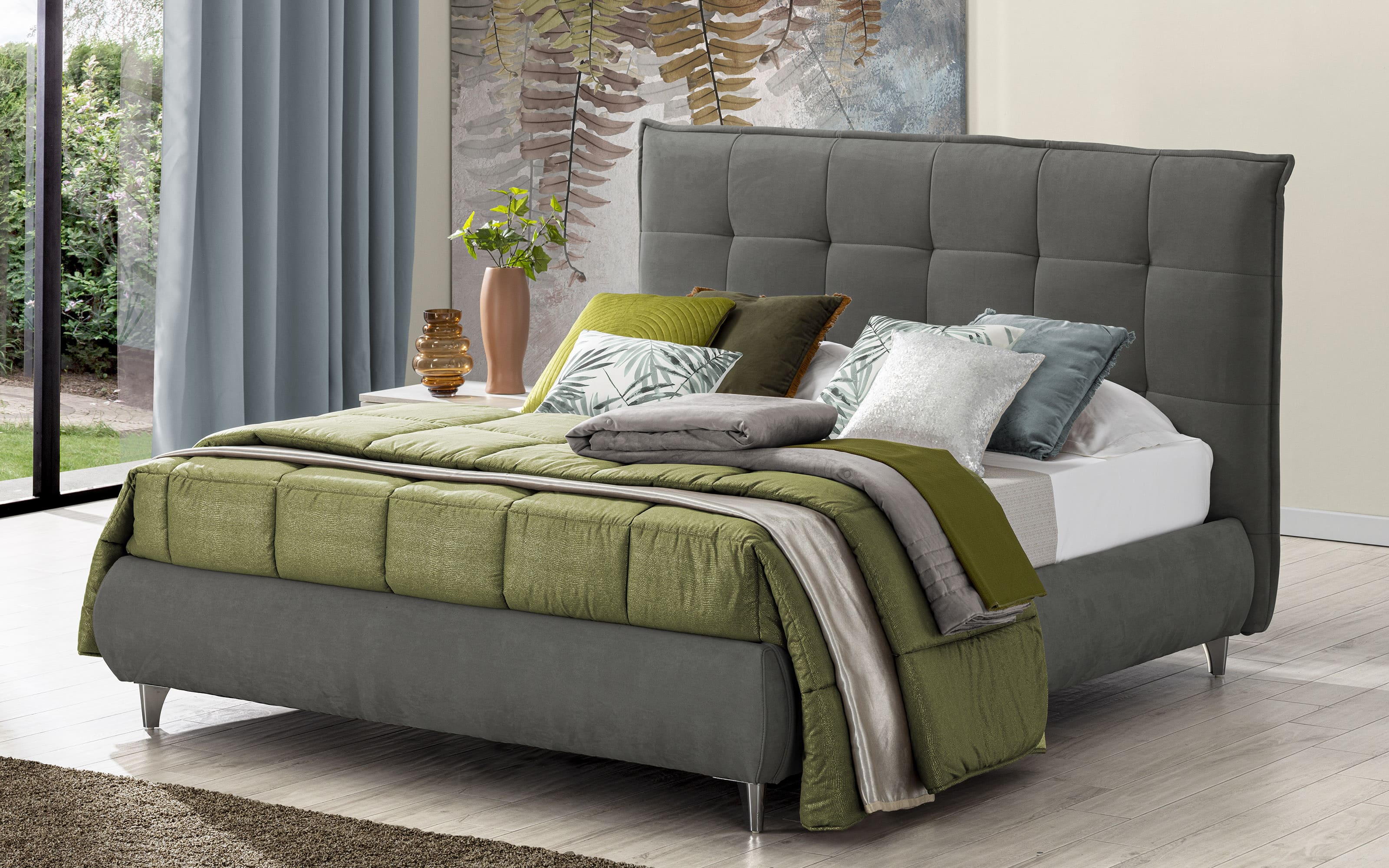 Letto Contenitore Matrimoniale Con Piedini Tessuto Loto Grigio Scuro 