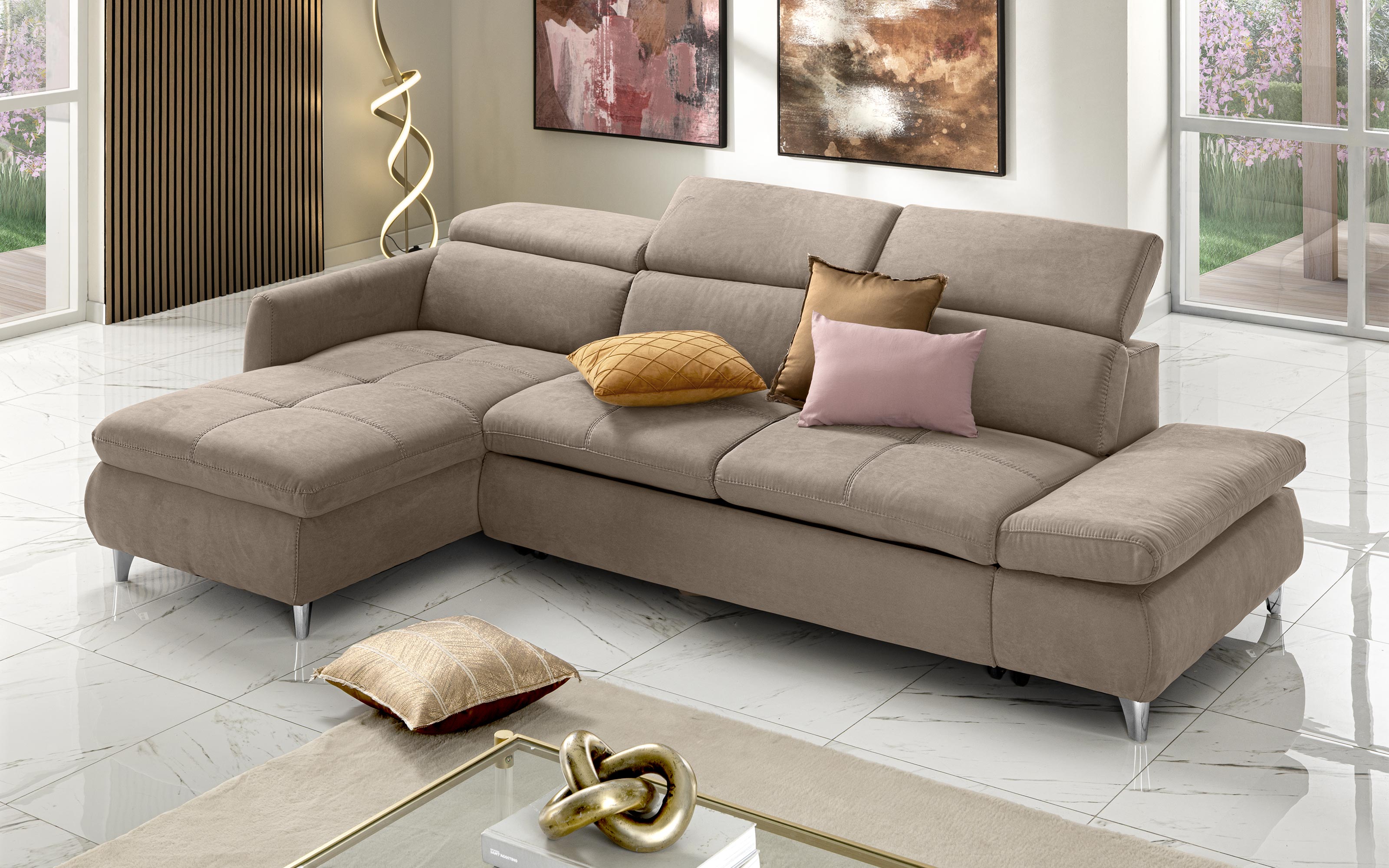 Divano letto angolare con penisola sinistra - meccanismo estraibile tessuto loto beige: Perla