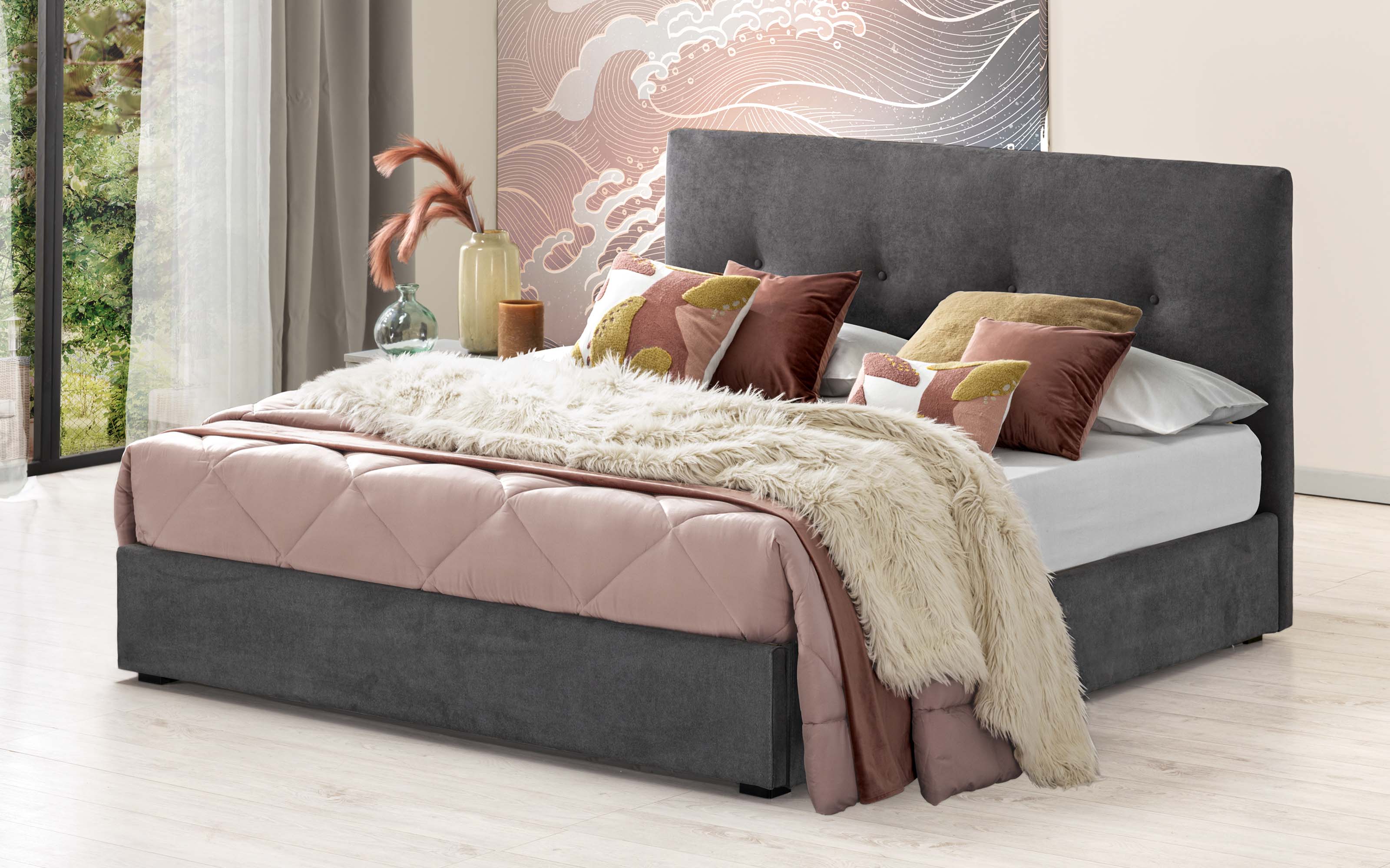 Letto contenitore matrimoniale Tessuto bacos ash: Selene Mondo
