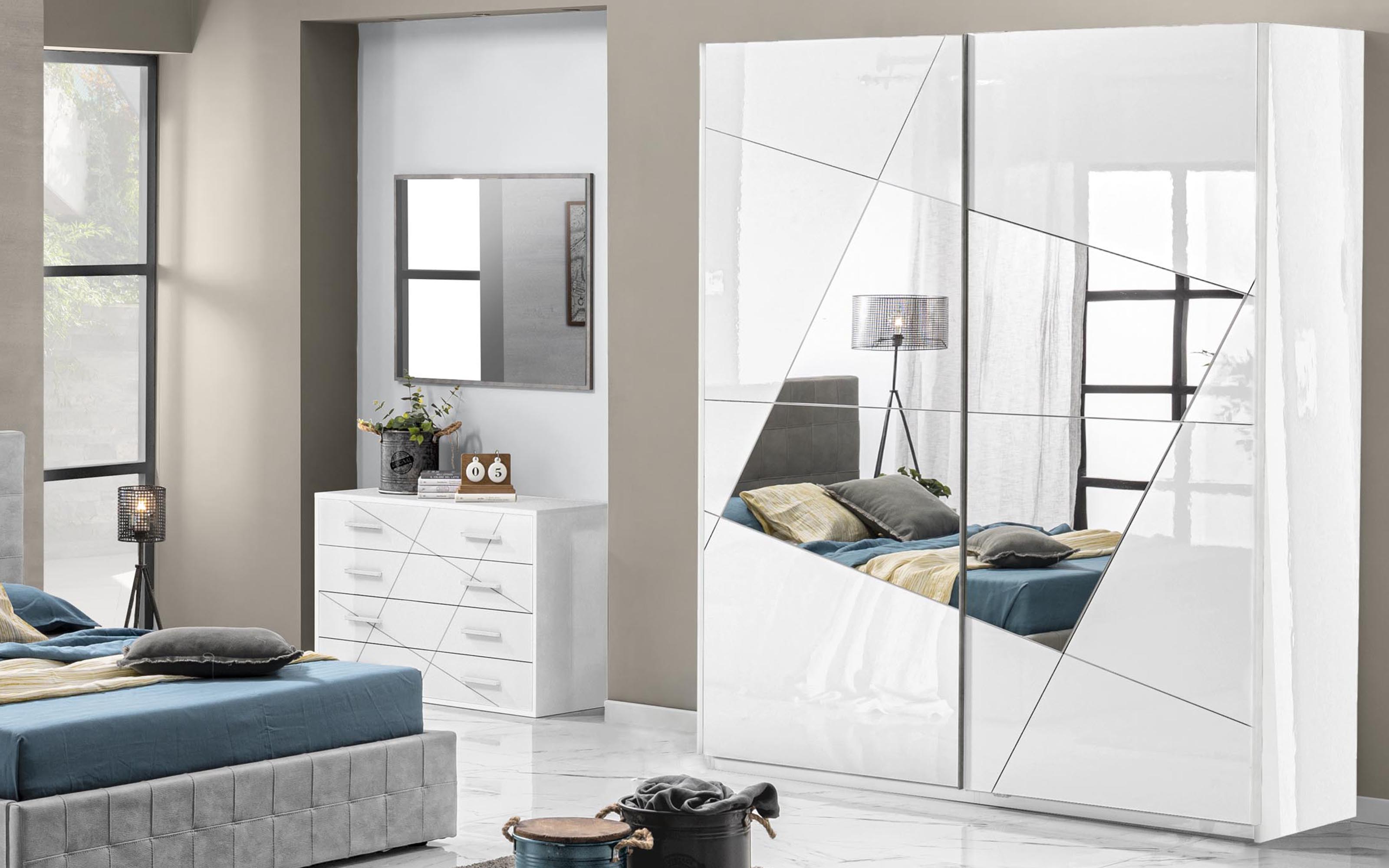 Armadio 2 ante scorrevoli con specchio bianco neve, effetto rovere cadiz: Must | Mondo Convenienza