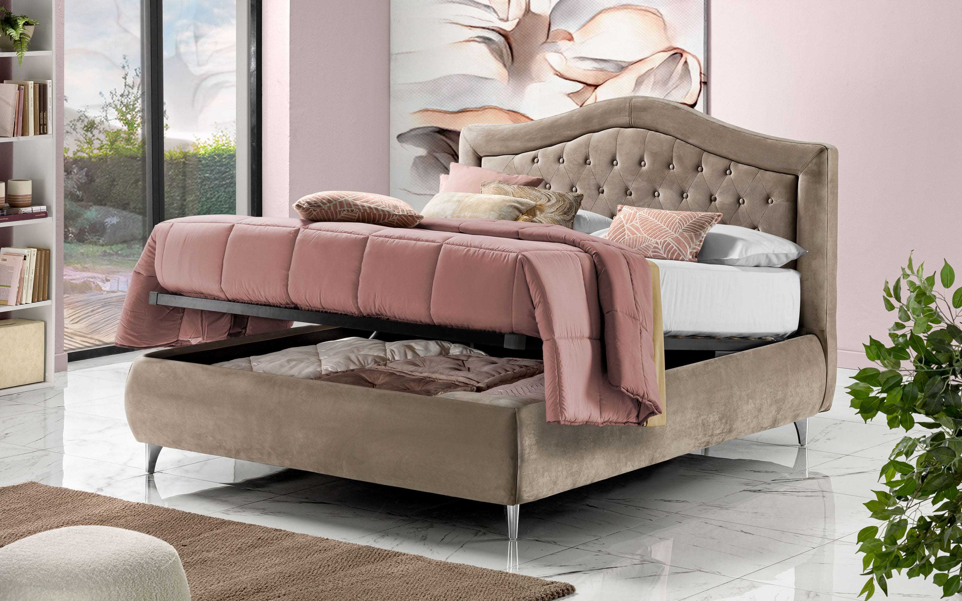 Letto contenitore matrimoniale con piedini Effetto velluto beige