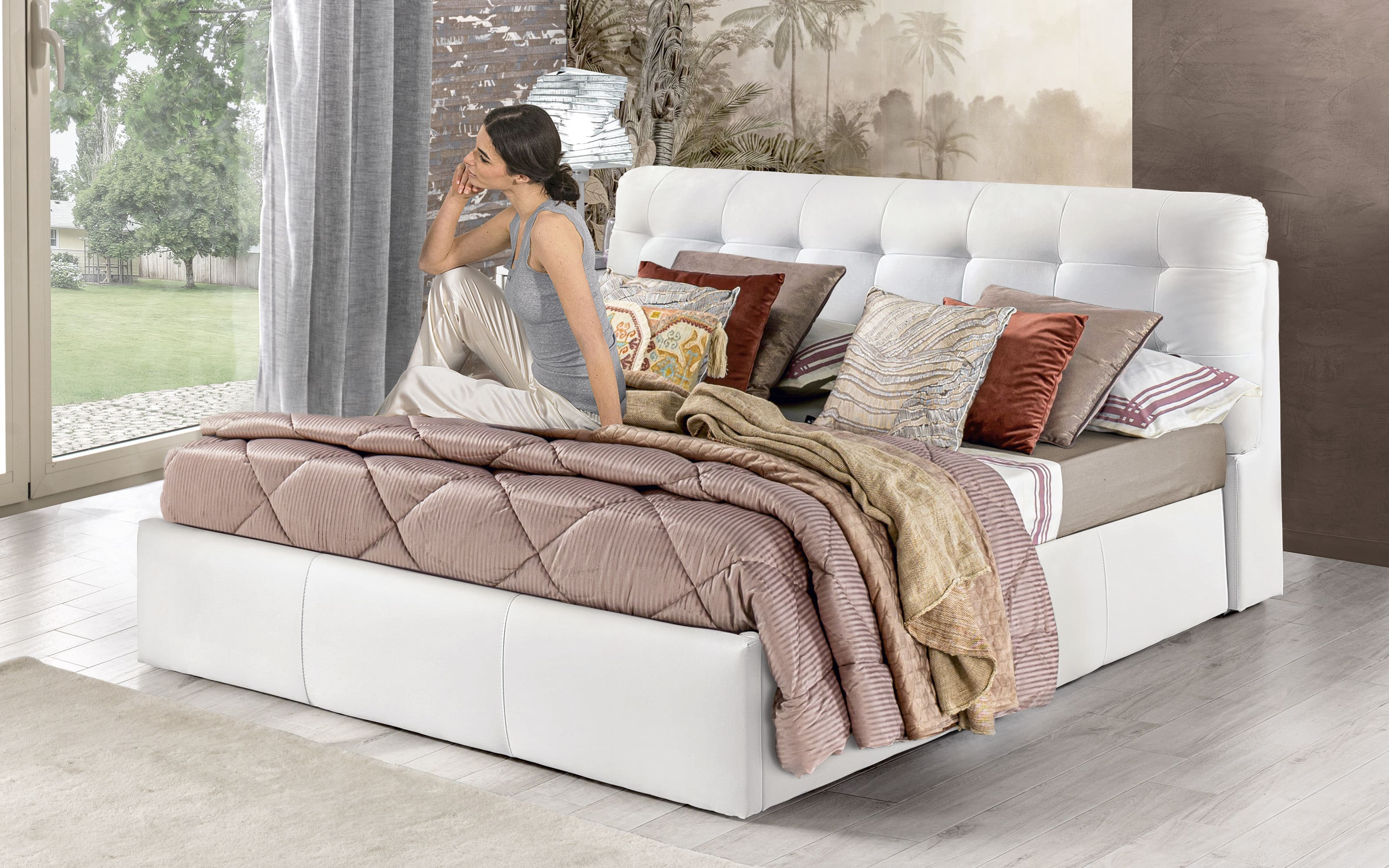 Letto contenitore matrimoniale Rivestimento eco bianco con base