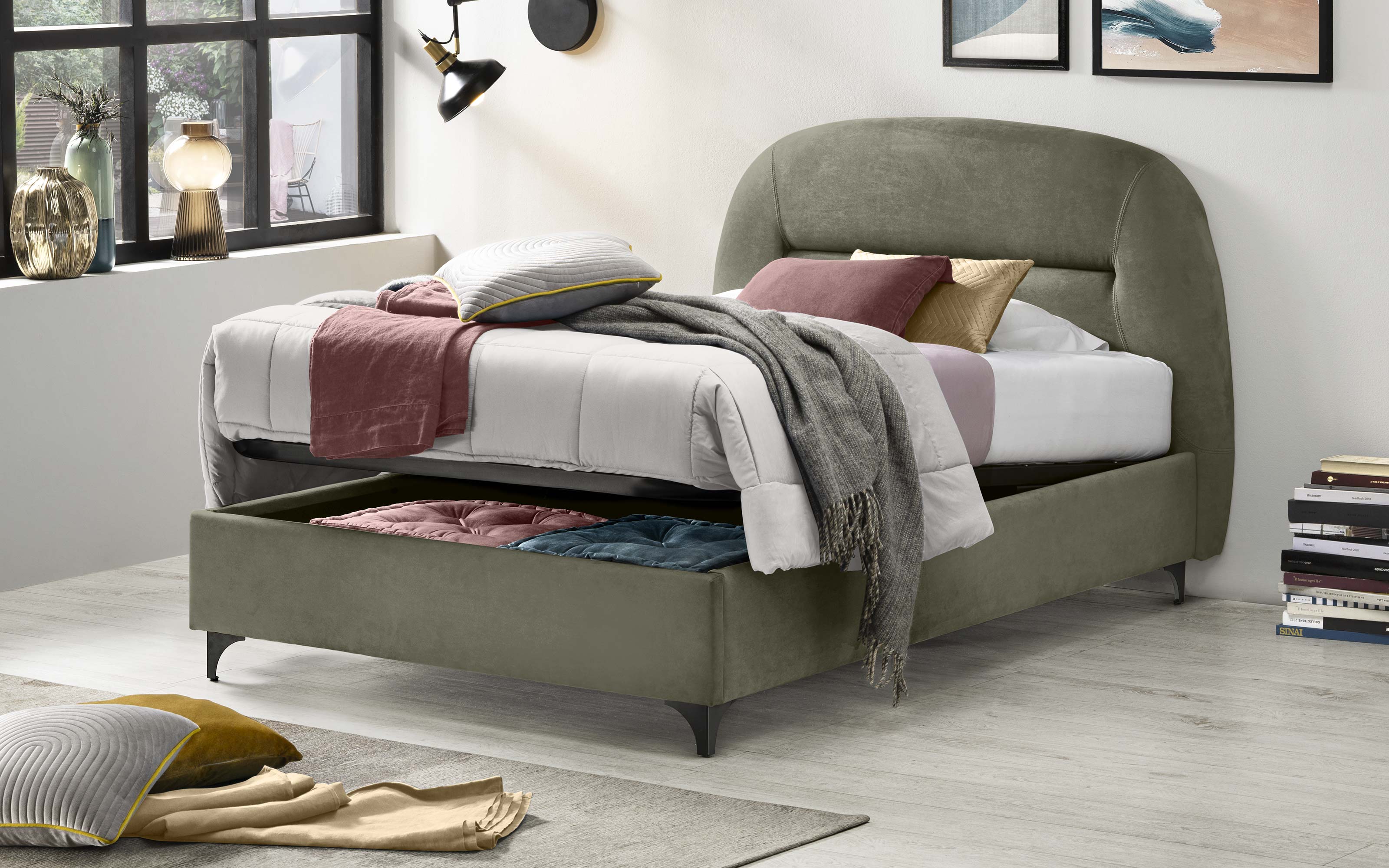 Letto Contenitore Una Piazza E Mezza Con Piedini Tessuto Loto Verde 