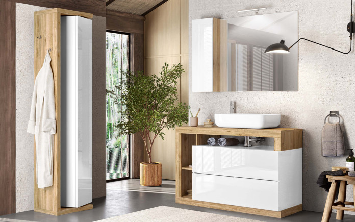 Ogrubma - Meuble salle de bain au sol 2 tiroirs avec pensile avec led - Immagine 1