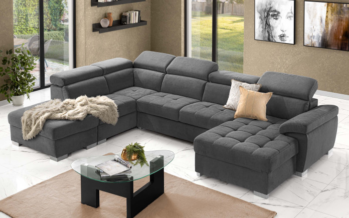 Alovun - Canapé-lit d'angle avec pouf coffre gauche et péninsule droite - mécanisme extractible