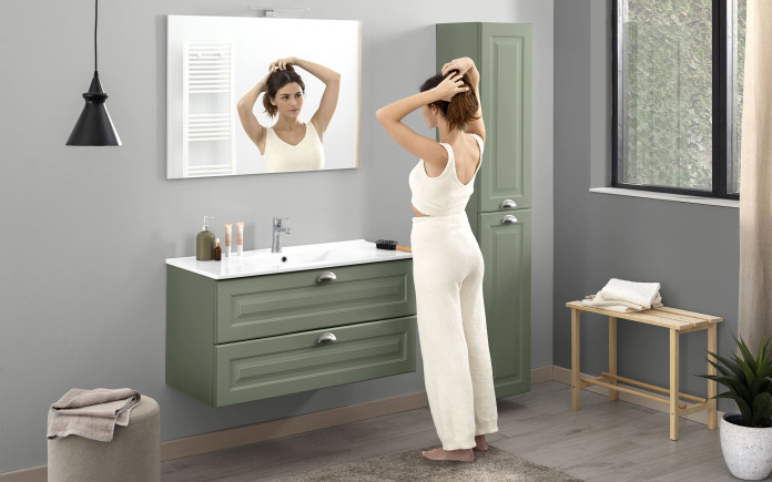 Aterg - Meuble salle de bain composable 2 paniers avec miroir biseauté et led