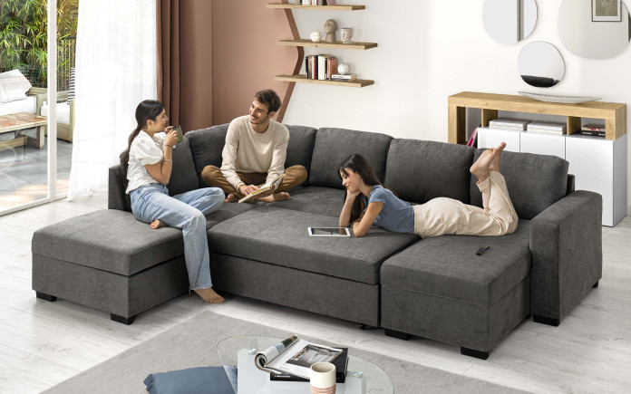 Ytrebil - Canapé-lit double angle avec pouf coffre gauche et péninsule coffre droite - mécanisme extractible