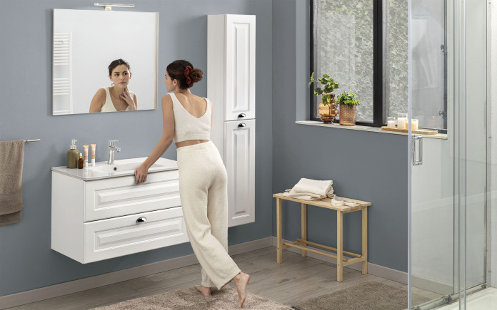 Aterg - Meuble salle de bain suspendu 2 paniers avec miroir biseauté et led