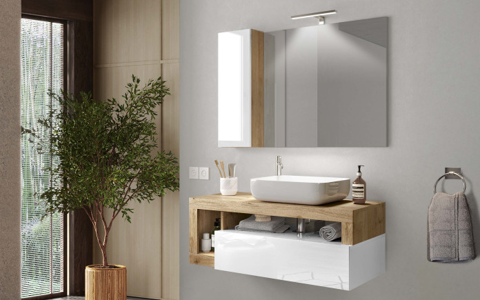 Ogrubma - Meuble salle de bain suspendu 1 tiroir avec pensile avec led - Immagine 1