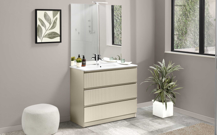 Otagir - Meuble salle de bain composable 3 paniers et miroir biseauté avec led