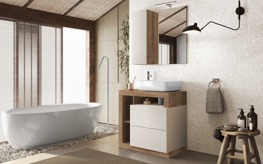 Componibile bagno a terra cassetti con pensile con led cashmere
